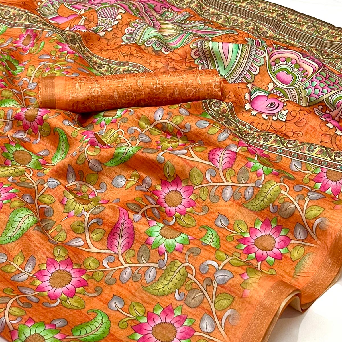 Orange Floral Digital Printed Cotton Silk Saree