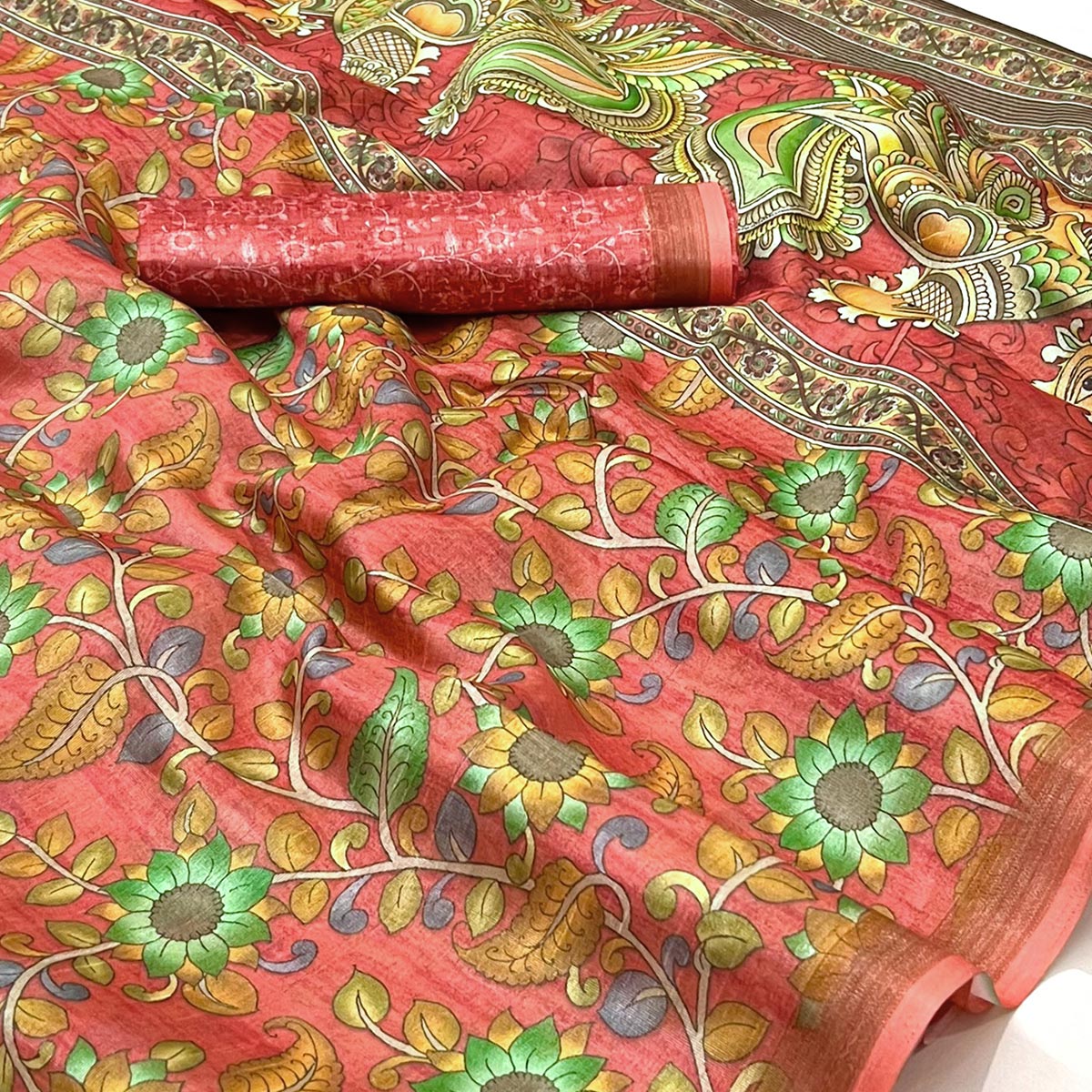 Pink Floral Digital Printed Cotton Silk Saree