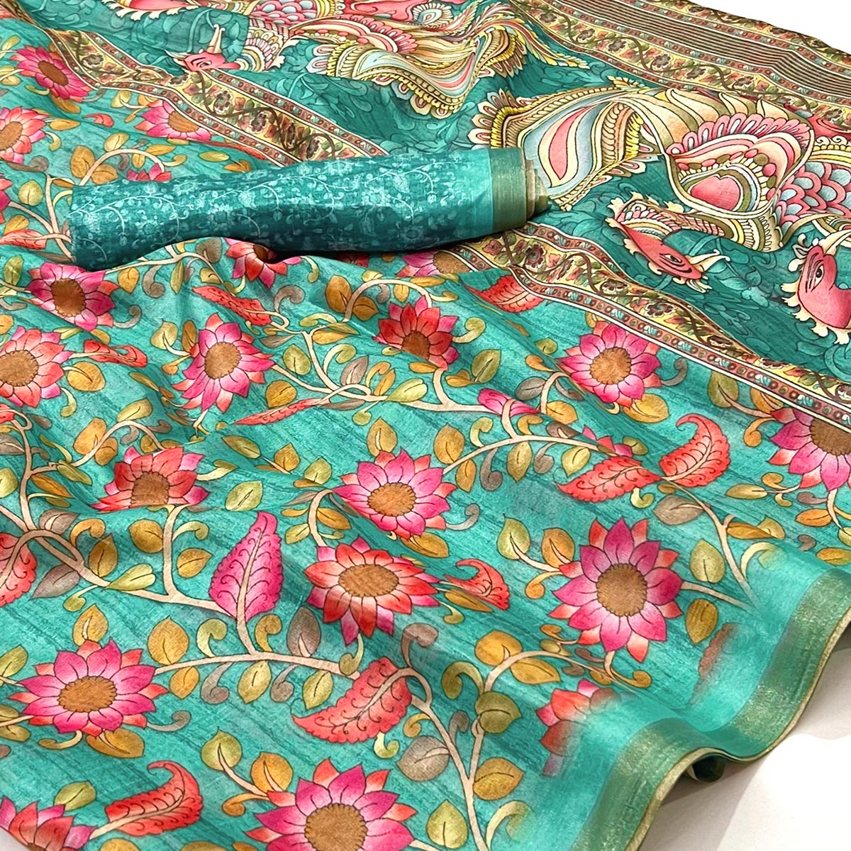 Rama Green Floral Digital Printed Cotton Silk Saree
