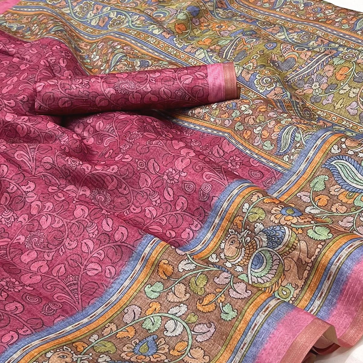 Pink Floral Digital Printed Cotton Silk Saree