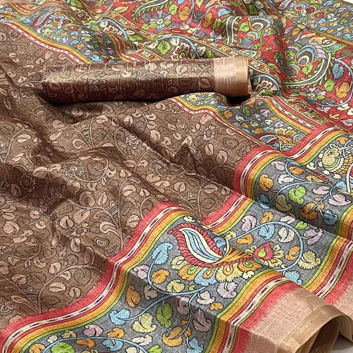 Brown Floral Digital Printed Cotton Silk Saree