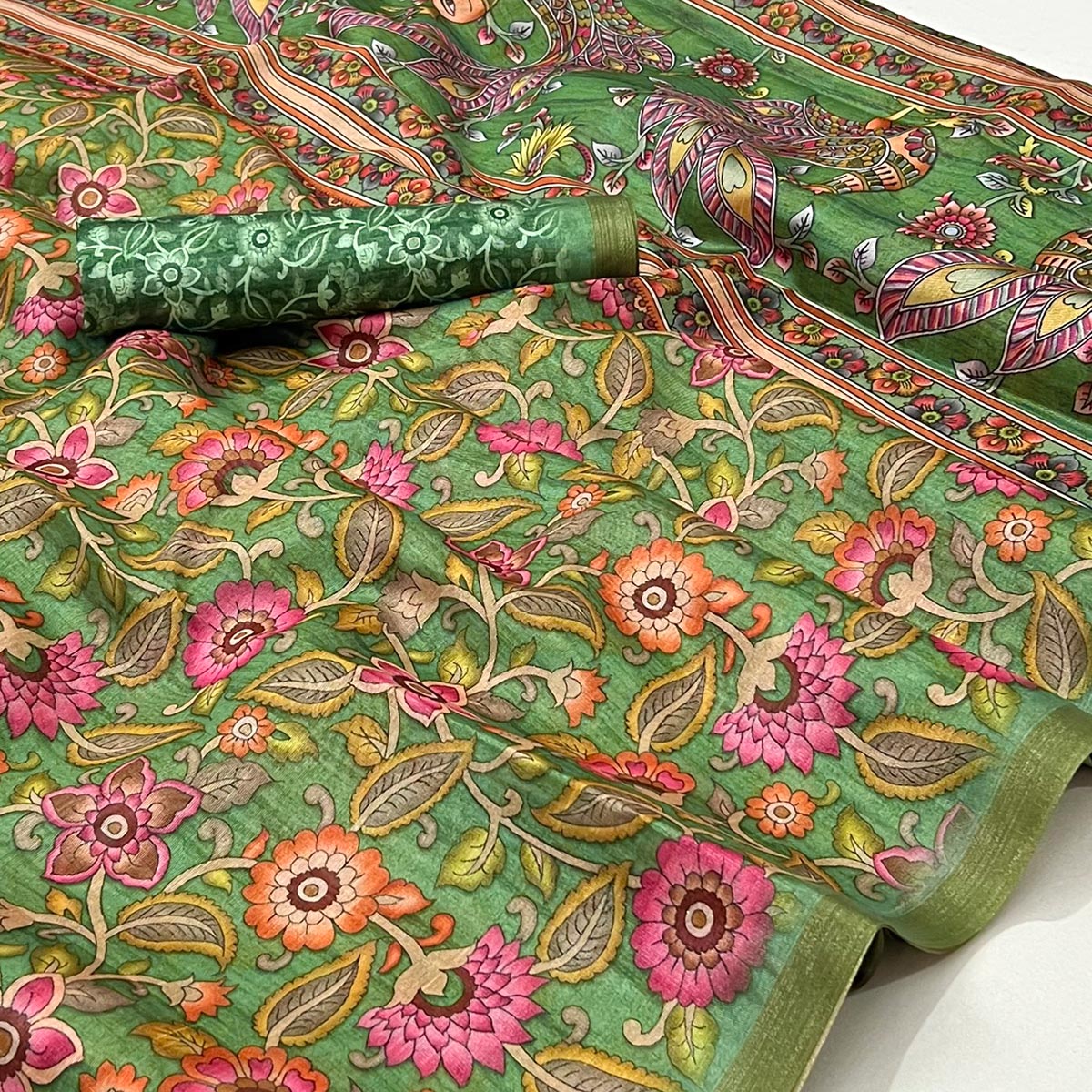 Green Floral Digital Printed Cotton Silk Saree