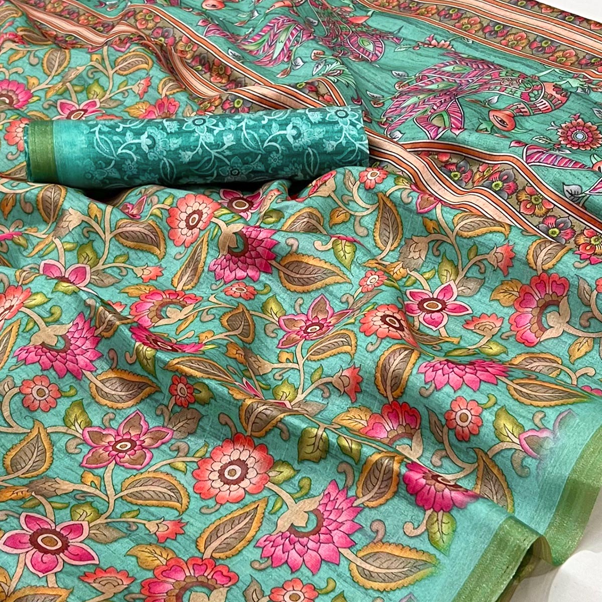 Turquoise Print Floral Sari Fabric By The Yard