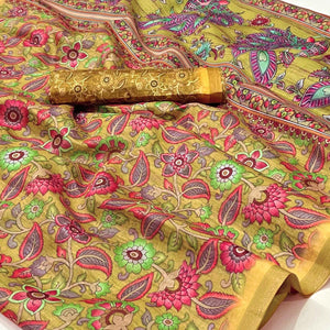 Mustard Floral Digital Printed Cotton Silk Saree