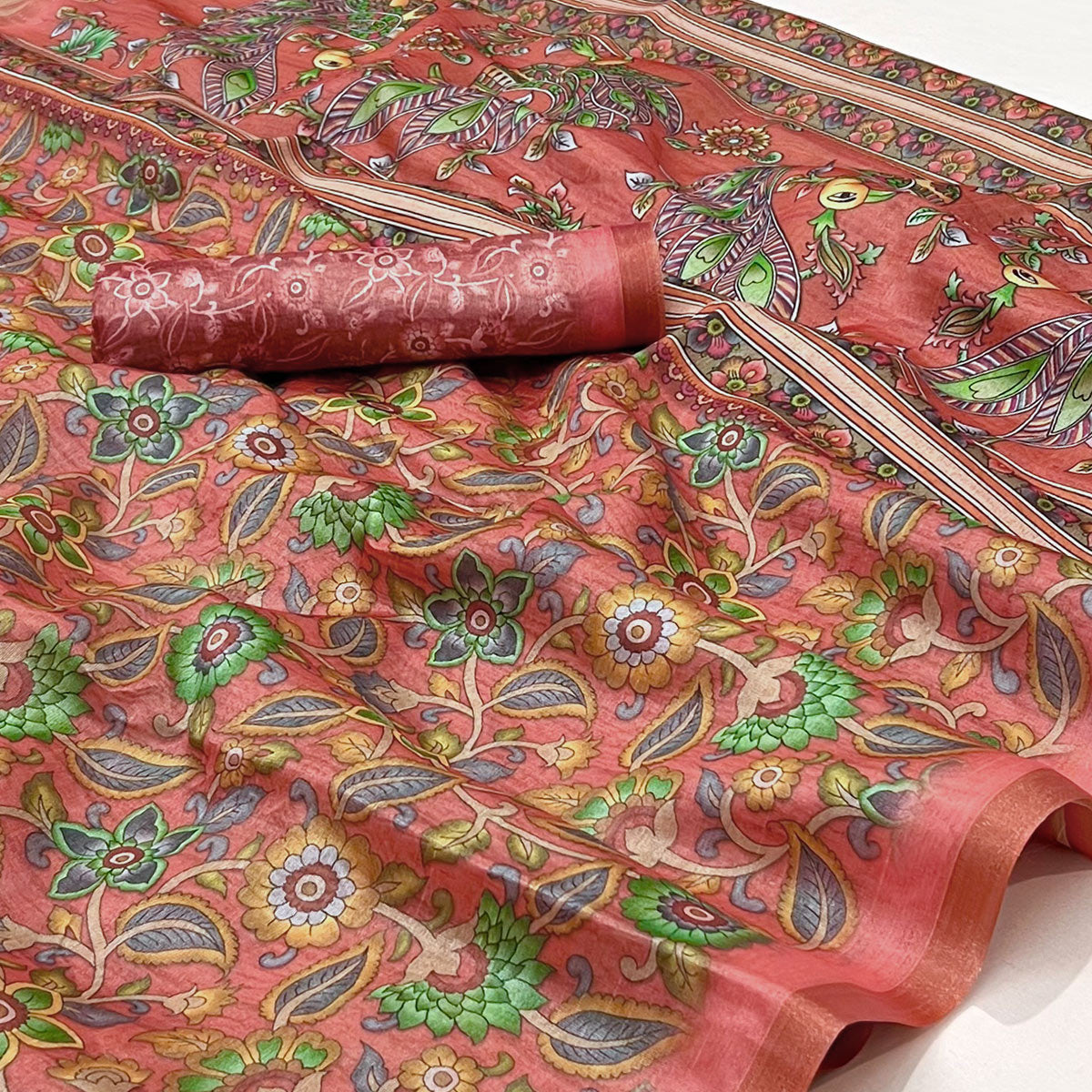 Peach Floral Digital Printed Cotton Silk Saree