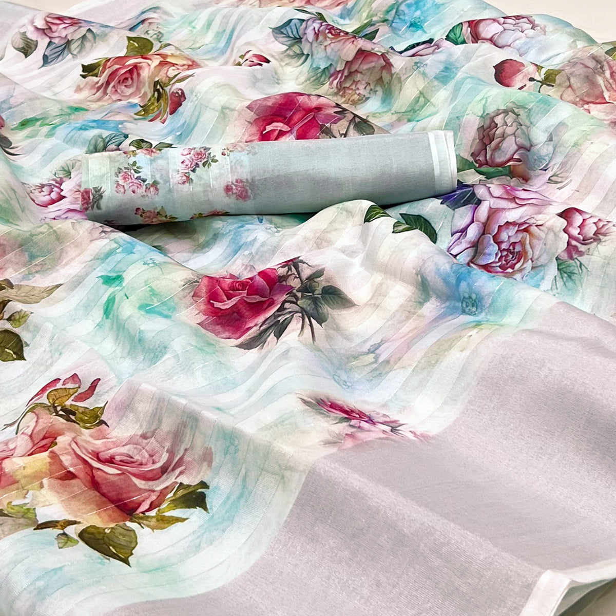 Blue Floral Digital Printed Cotton Silk Saree