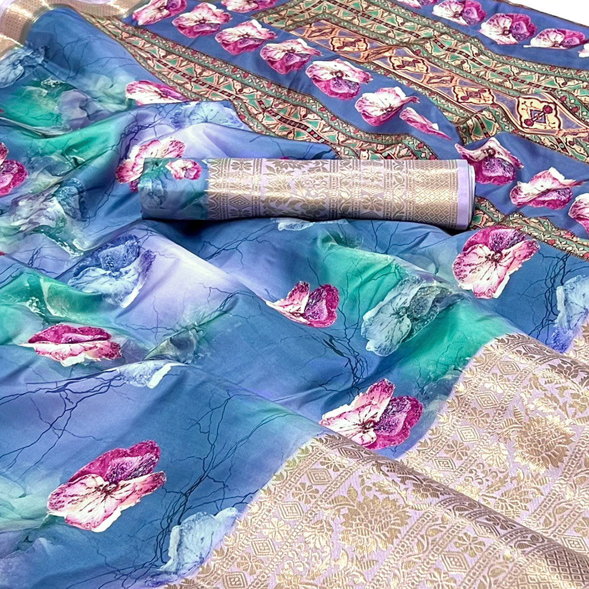 Blue Floral Digital Printed With Woven Border Art Silk Saree
