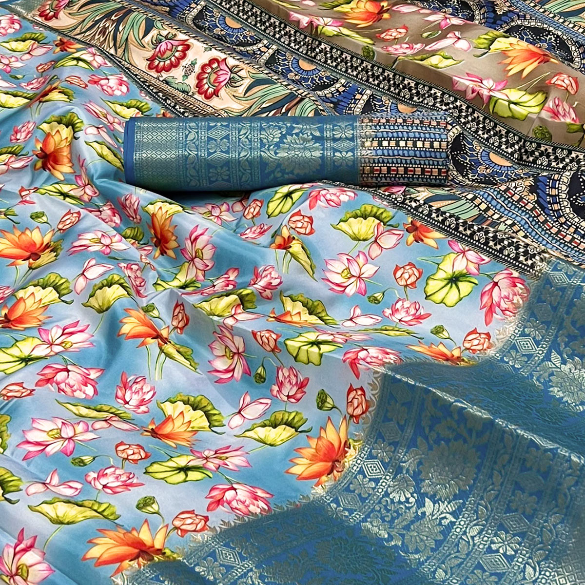 Blue Floral Digital Printed With Woven Border Art Silk Saree