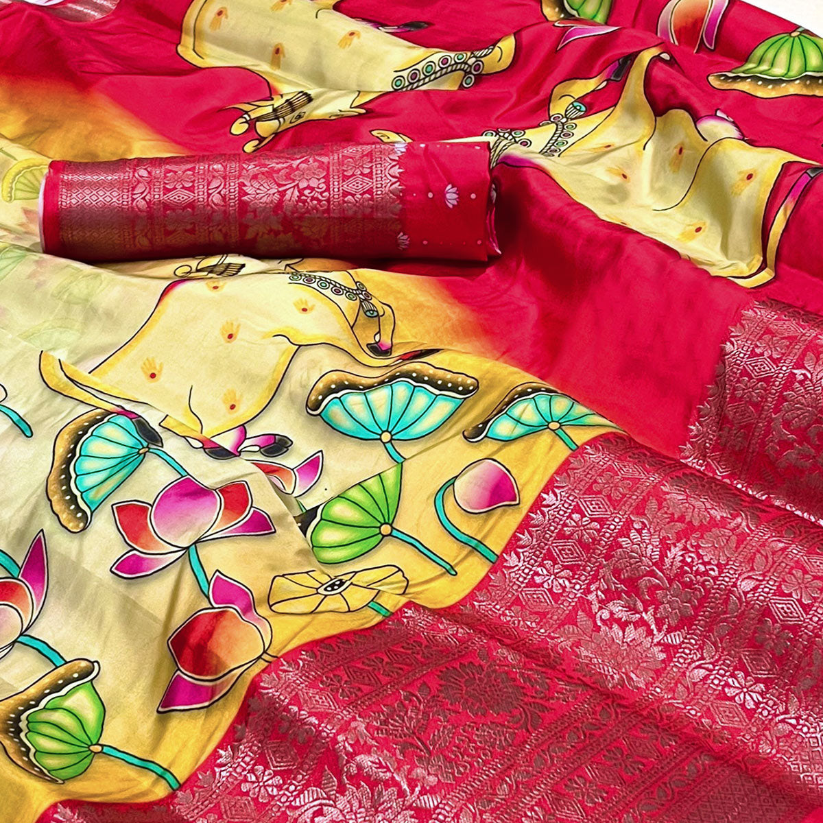 Yellow Floral Digital Printed With Woven Border Art Silk Saree