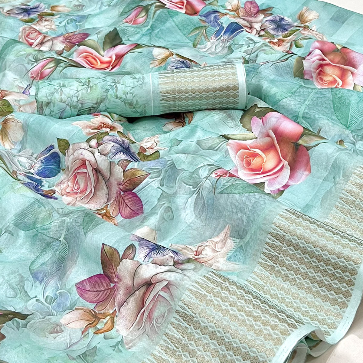 Blue Floral Digital Printed Cotton Silk Saree