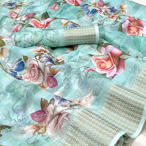 Blue Floral Digital Printed Cotton Silk Saree