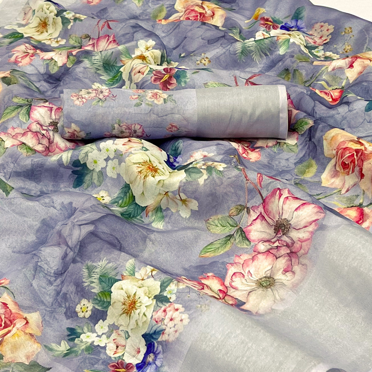 Purple Floral Digital Printed Cotton Silk Saree
