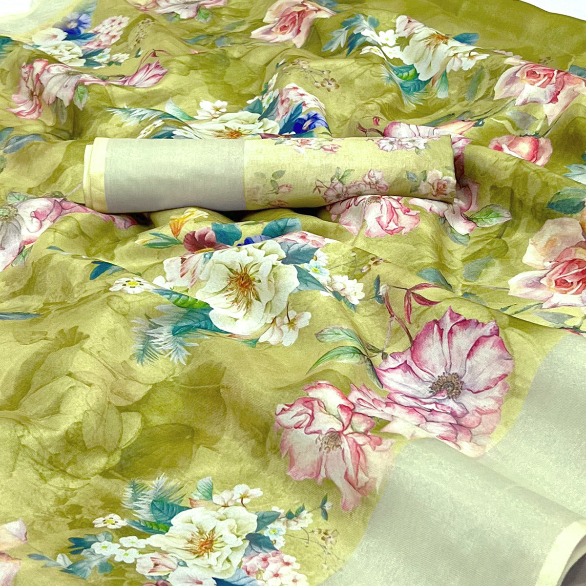 Green Floral Digital Printed Cotton Silk Saree