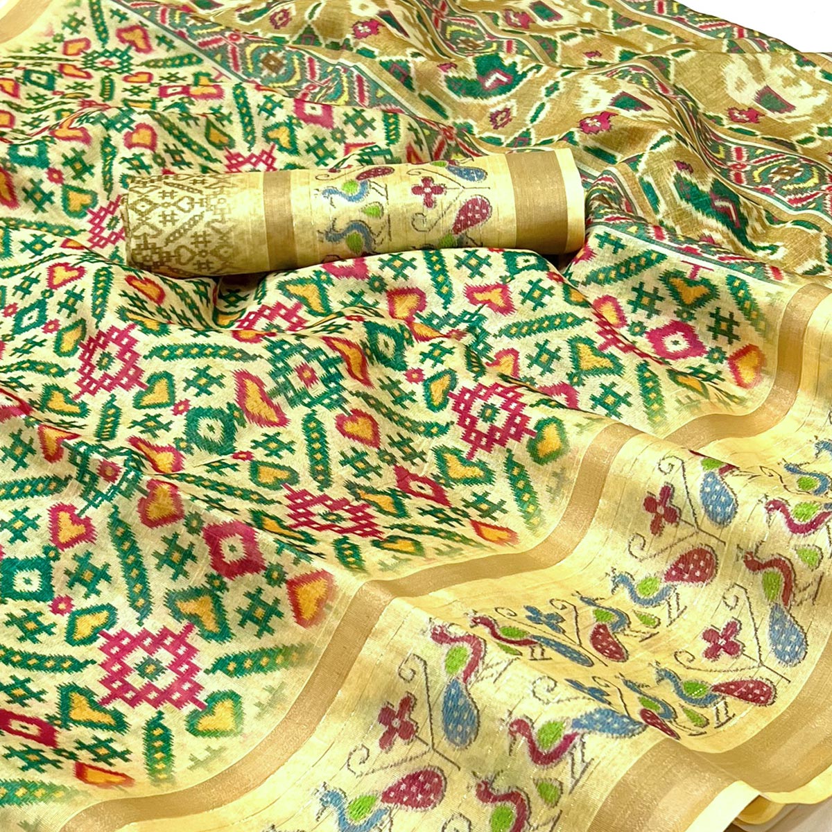 Yellow Digital Printed Cotton Silk Saree