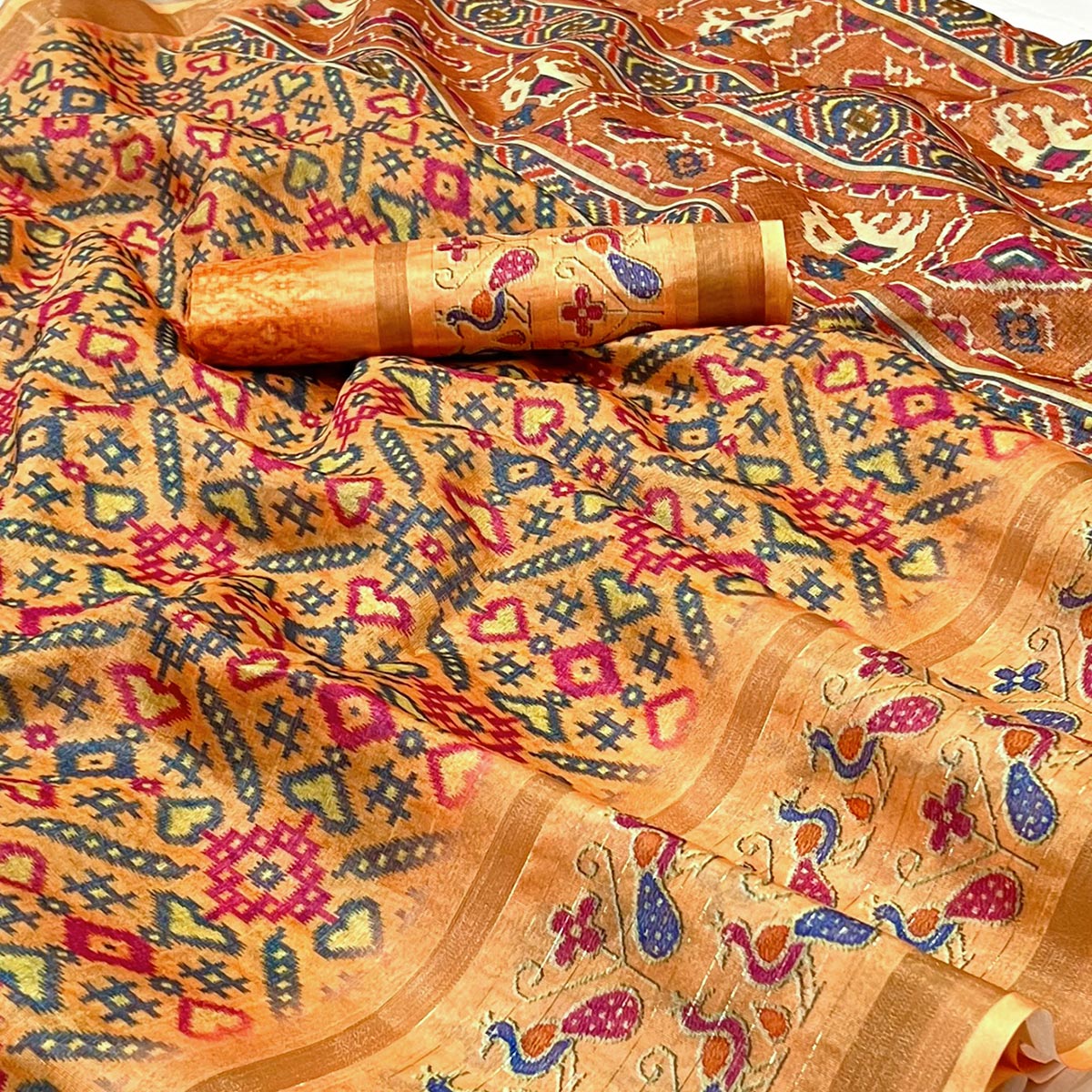 Orange Digital Printed Cotton Silk Saree