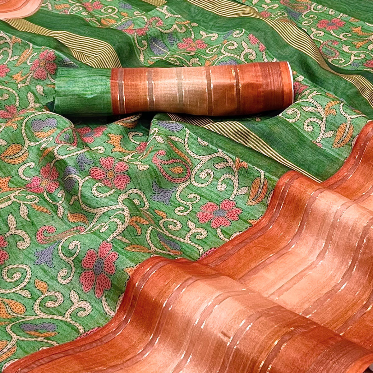 Green Floral Digital Printed Cotton Silk Saree