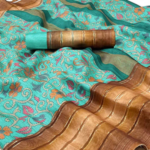 Turquoise Floral Digital Printed Cotton Silk Saree