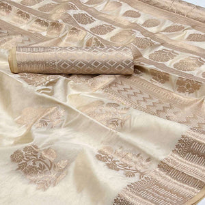 Off White Off White Floral Woven Raw Silk Saree