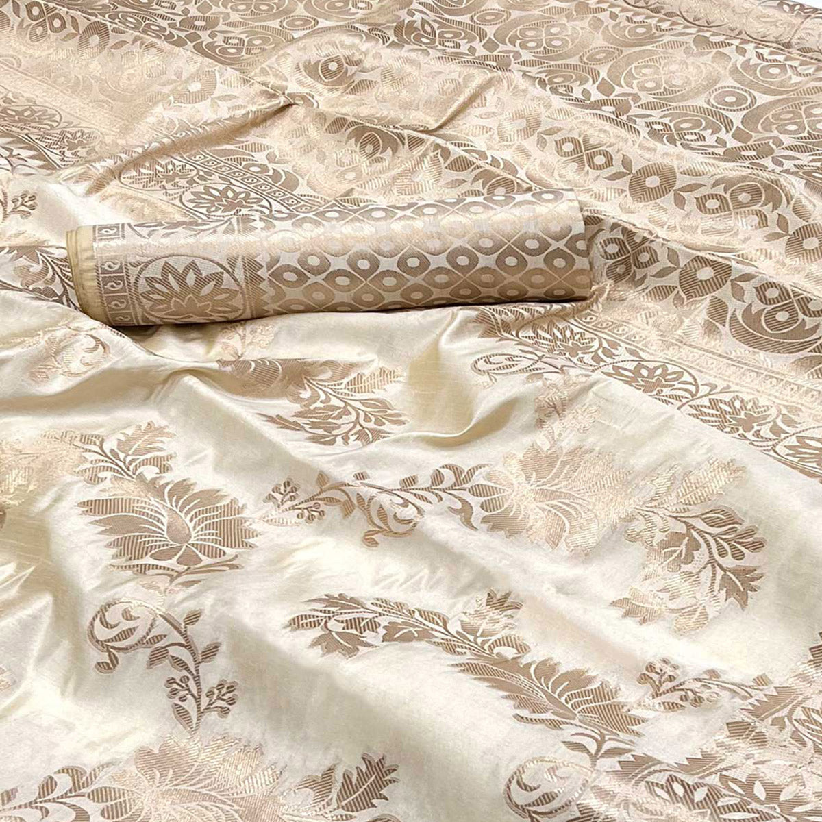 Off White Off White Floral Woven Raw Silk Saree