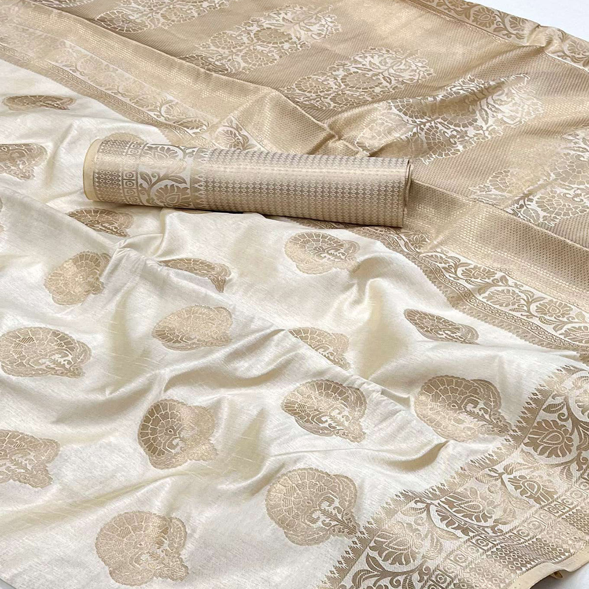 Off White Off White Floral Woven Raw Silk Saree