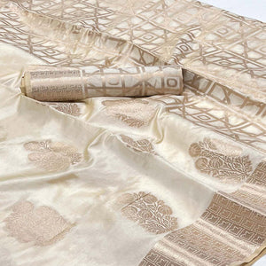 Off White Off White Floral Woven Raw Silk Saree