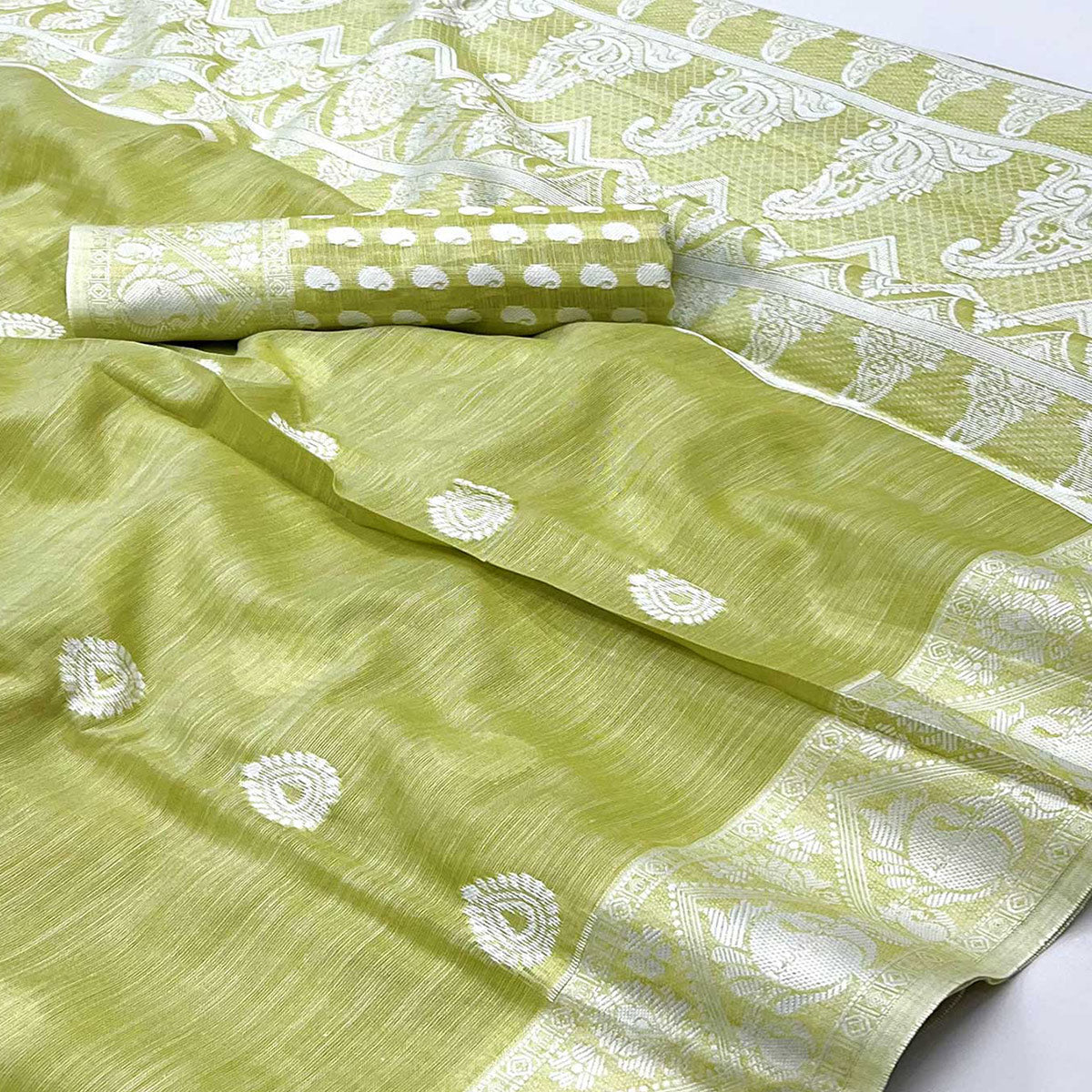 Pista Green Woven Linen Saree