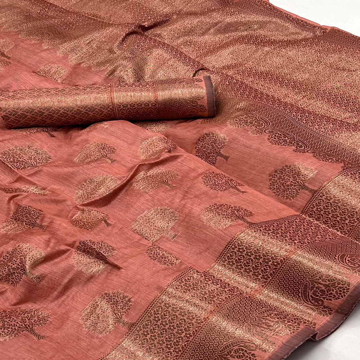 Peach Floral Woven Pure Cotton Saree