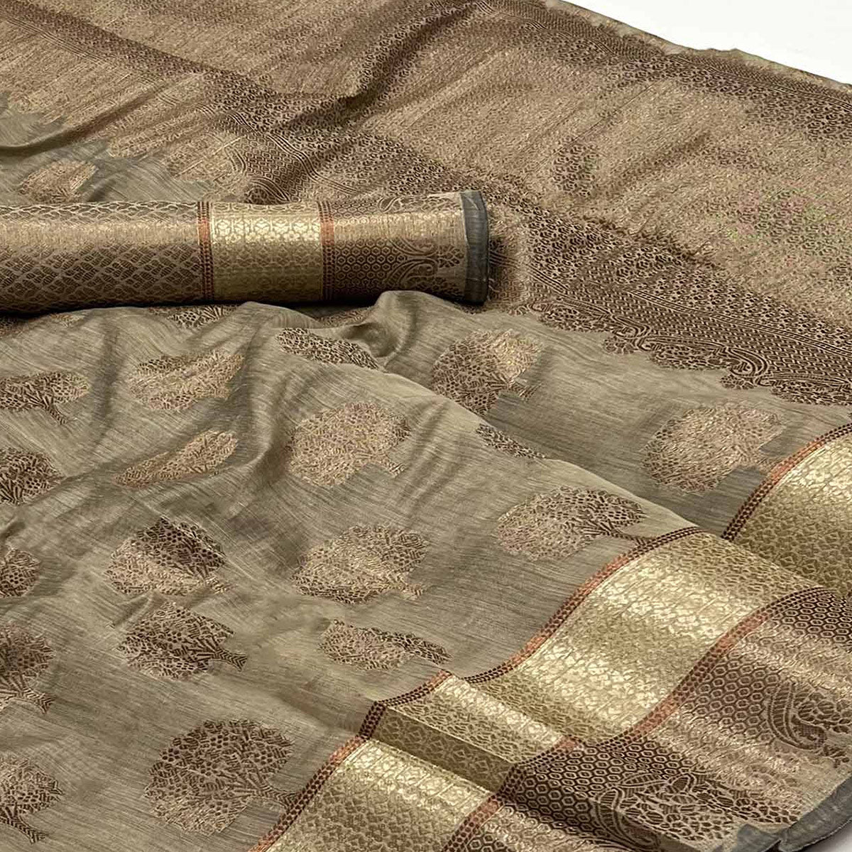 Brown Floral Woven Pure Cotton Saree