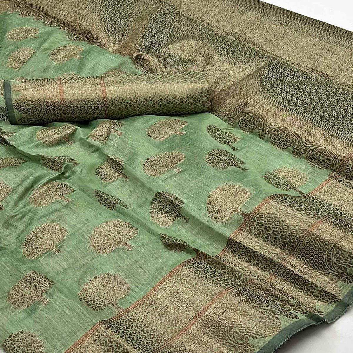 Pista Green Floral Woven Pure Cotton Saree