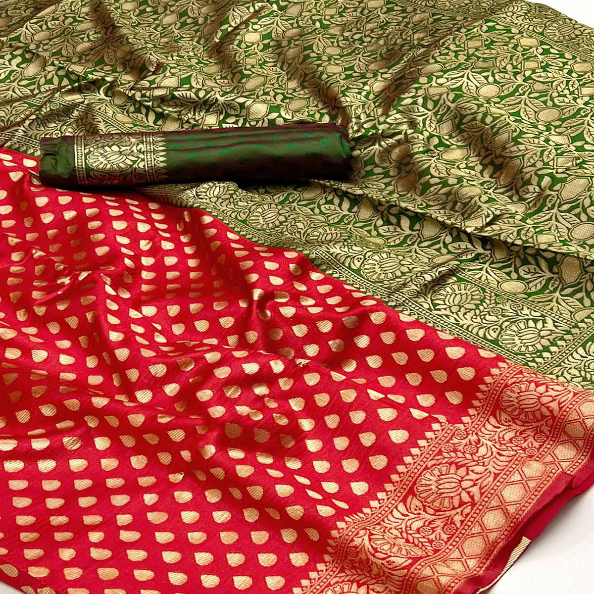 Red Floral Woven Banarasi Silk Saree
