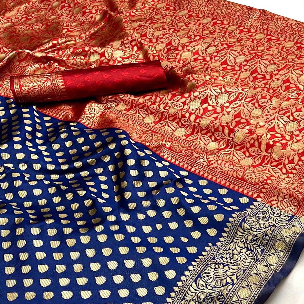 Navy Blue Floral Woven Banarasi Silk Saree