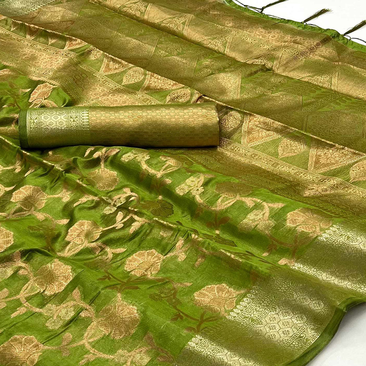 Green Floral Woven Organza Saree