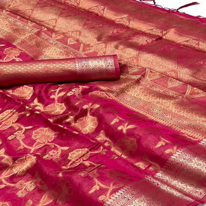 Rani Pink Floral Woven Organza Saree
