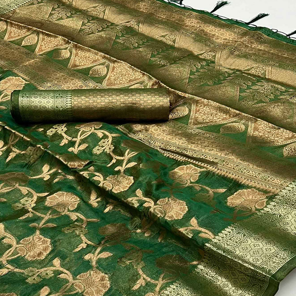 Green Floral Woven Organza Saree