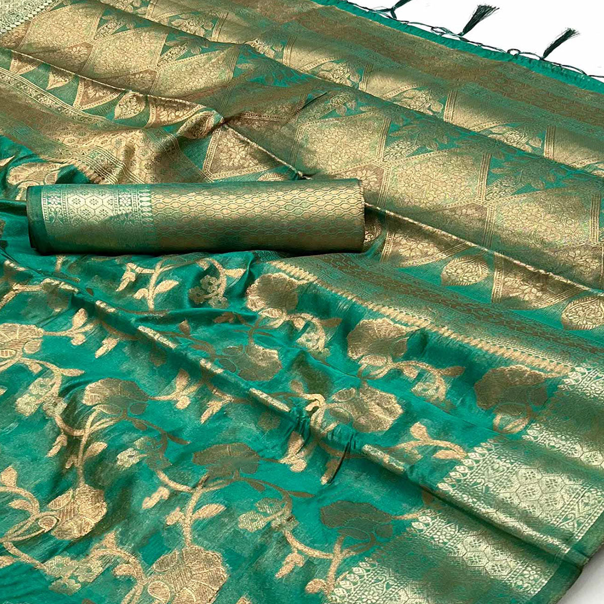 Rama Green Floral Woven Organza Saree