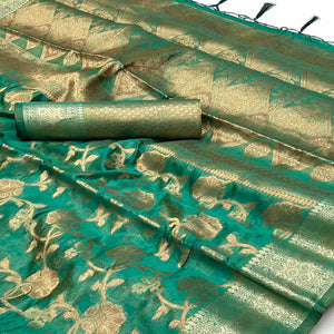 Rama Green Floral Woven Organza Saree