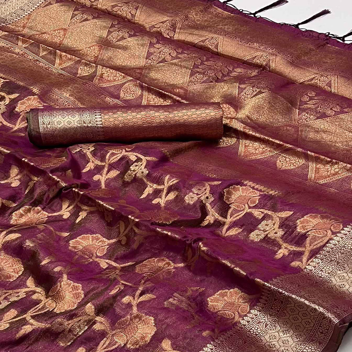 Wine Floral Woven Organza Saree