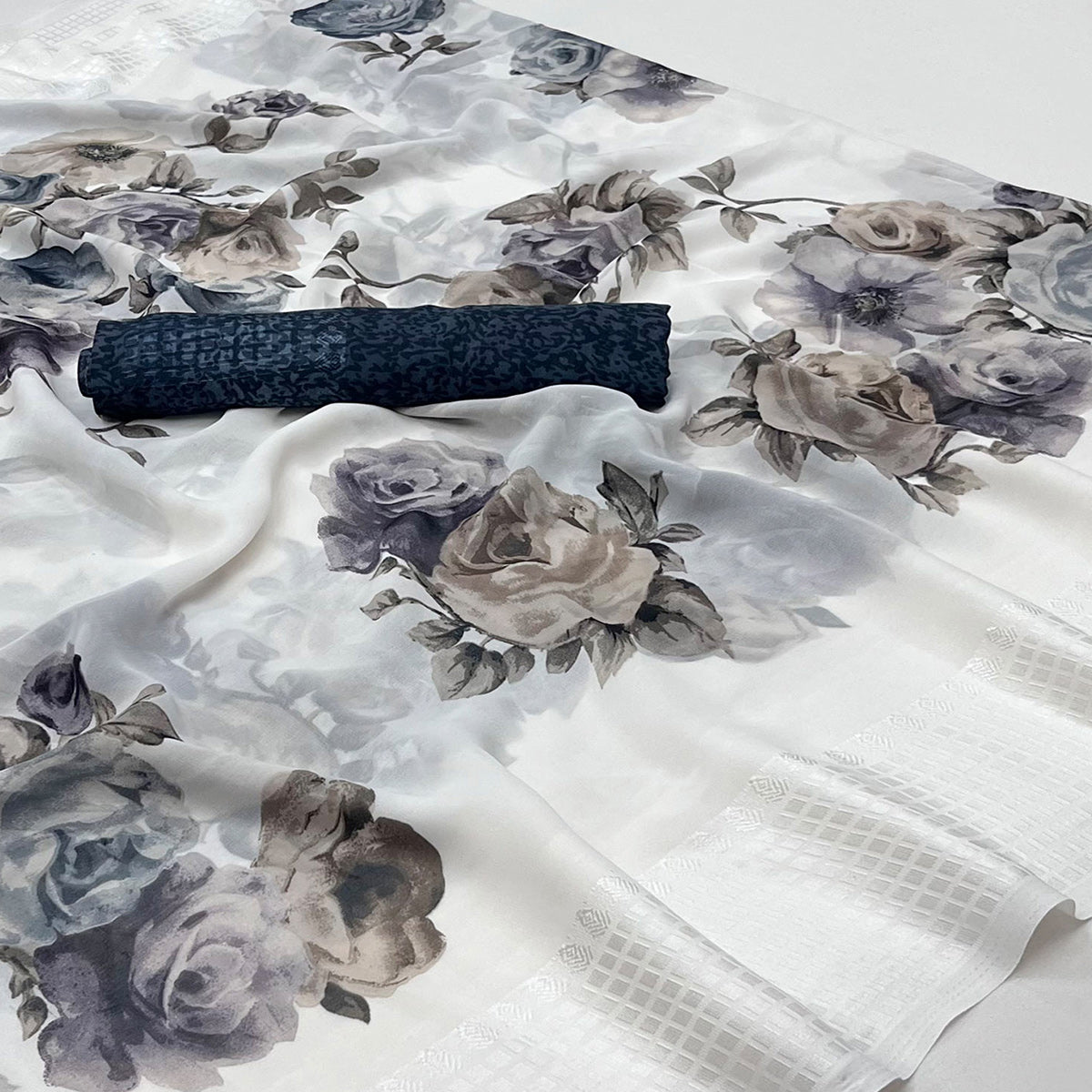 White & Grey Floral Printed Georgette Saree