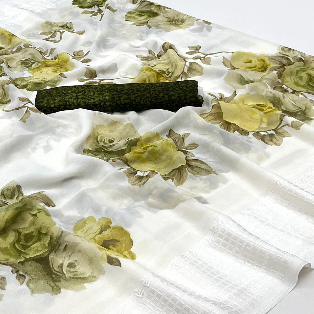 White & Green Floral Printed Georgette Saree