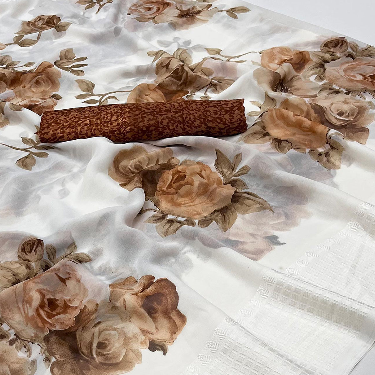 White & Brown Floral Printed Georgette Saree