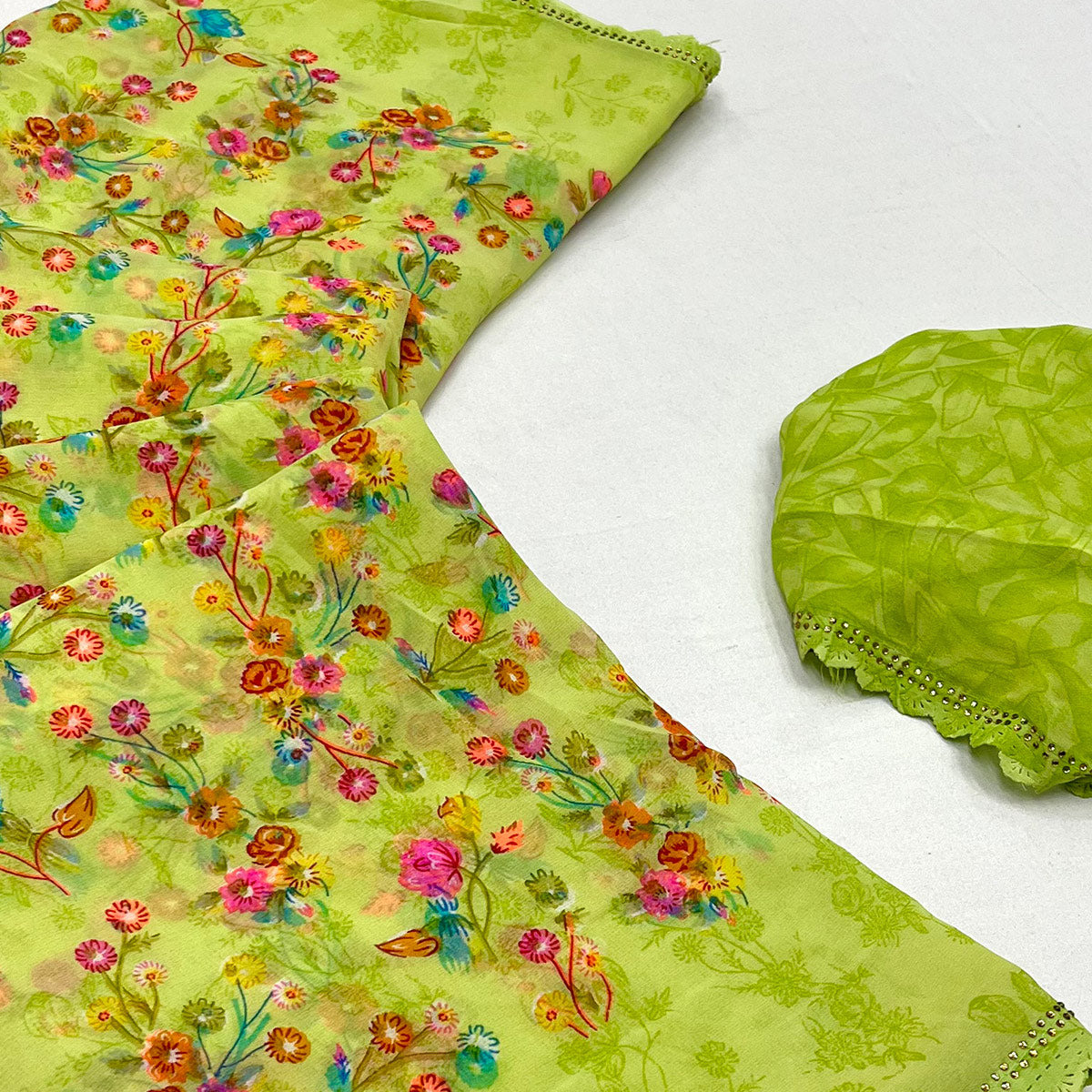 Green Floral Printed Georgette Saree