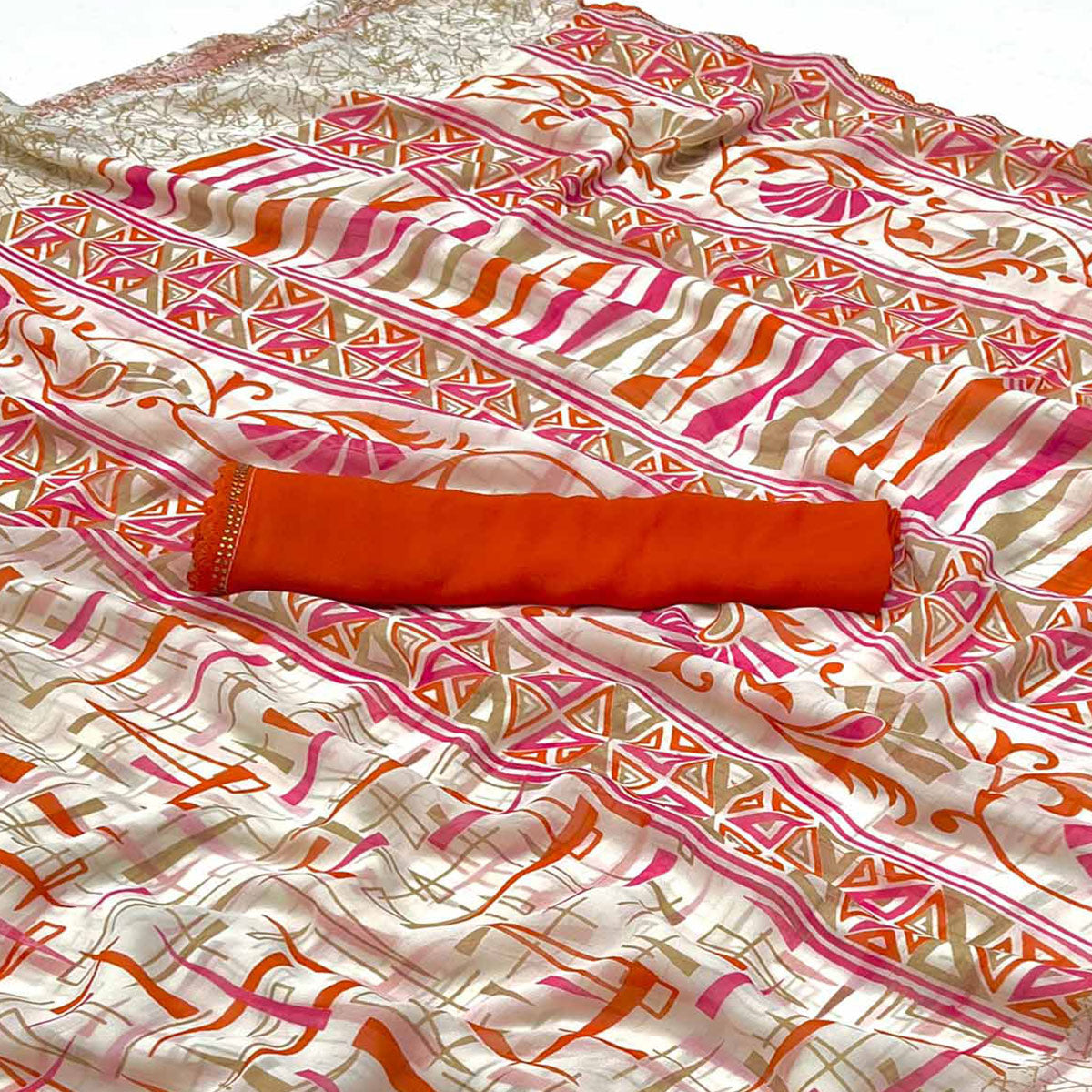 White & Orange Geometric Printed Georgette Saree