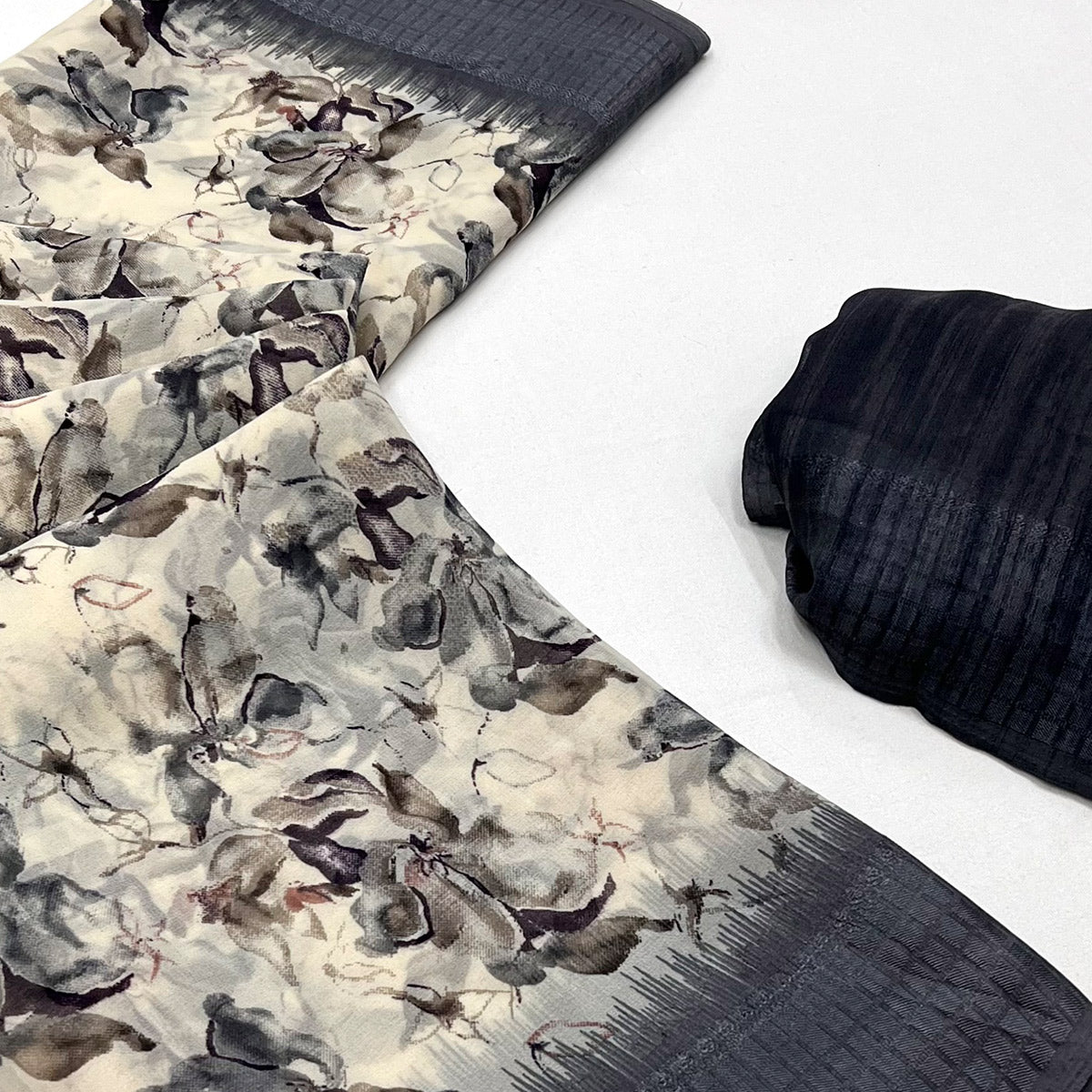 Grey Floral Printed Georgette Saree