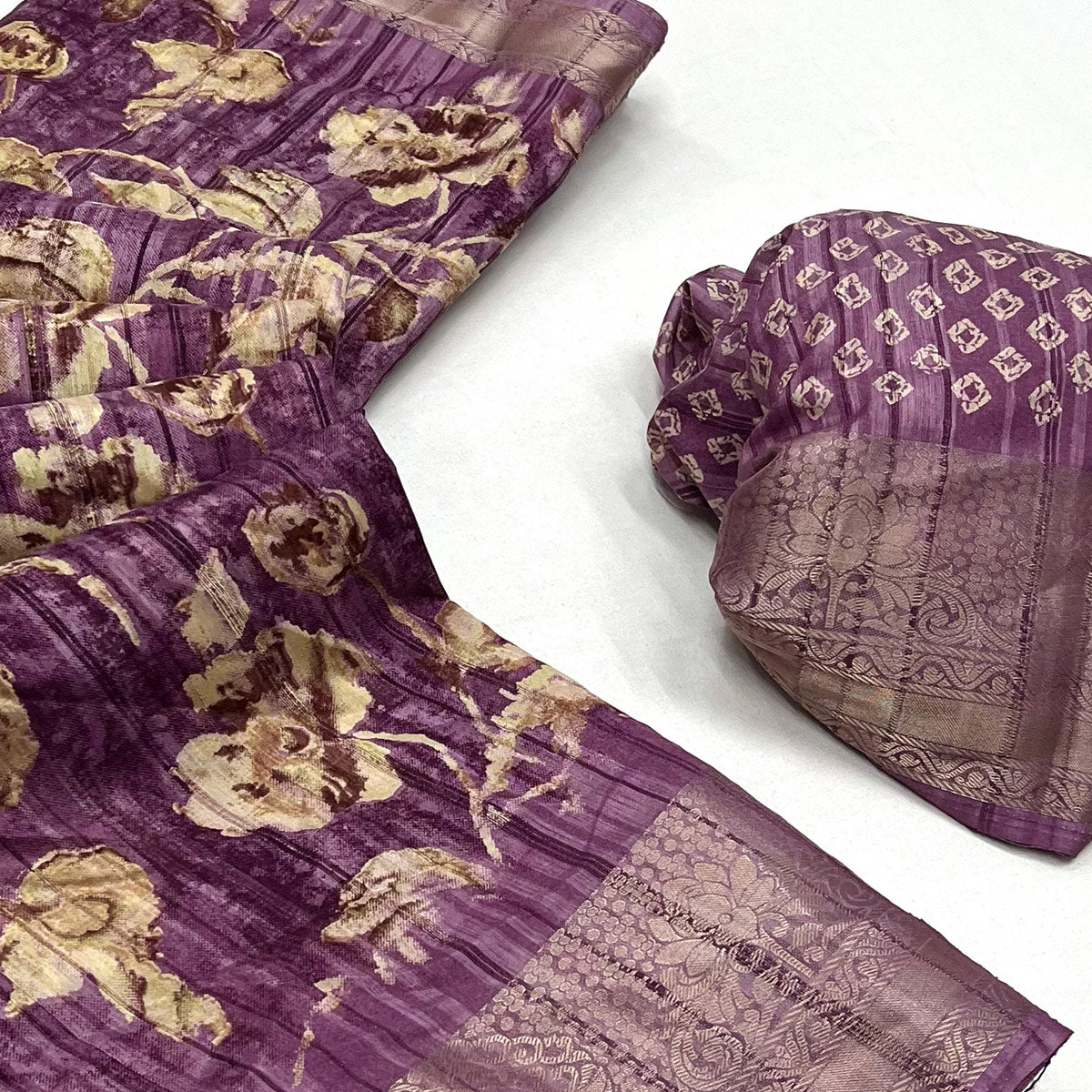 Purple Printed With Woven Border Cotton Blend Saree