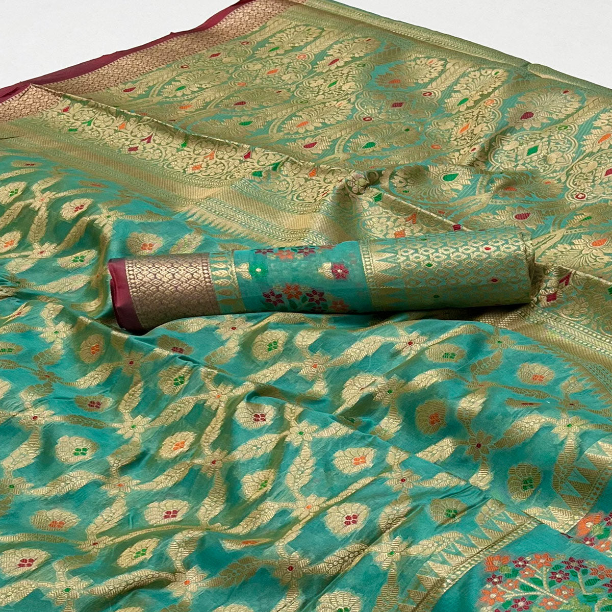 Rama Green Floral Woven Organza Saree