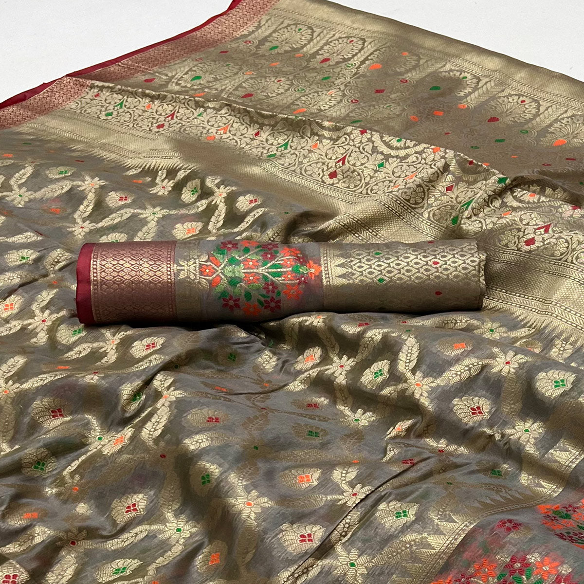 Grey Floral Woven Organza Saree