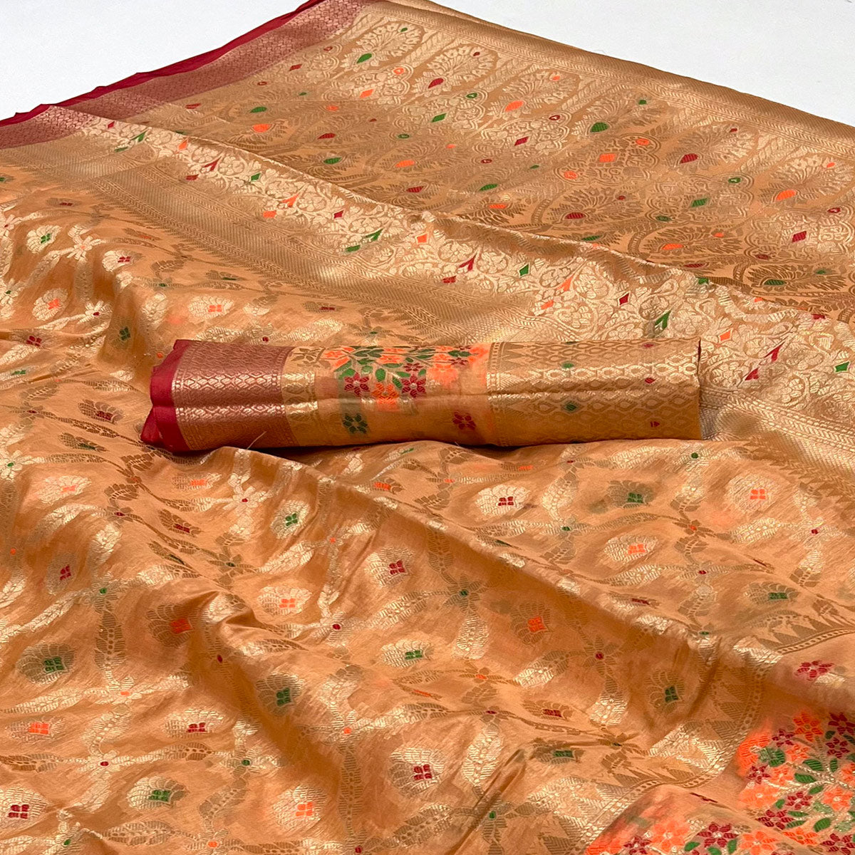 Peach Floral Woven Organza Saree