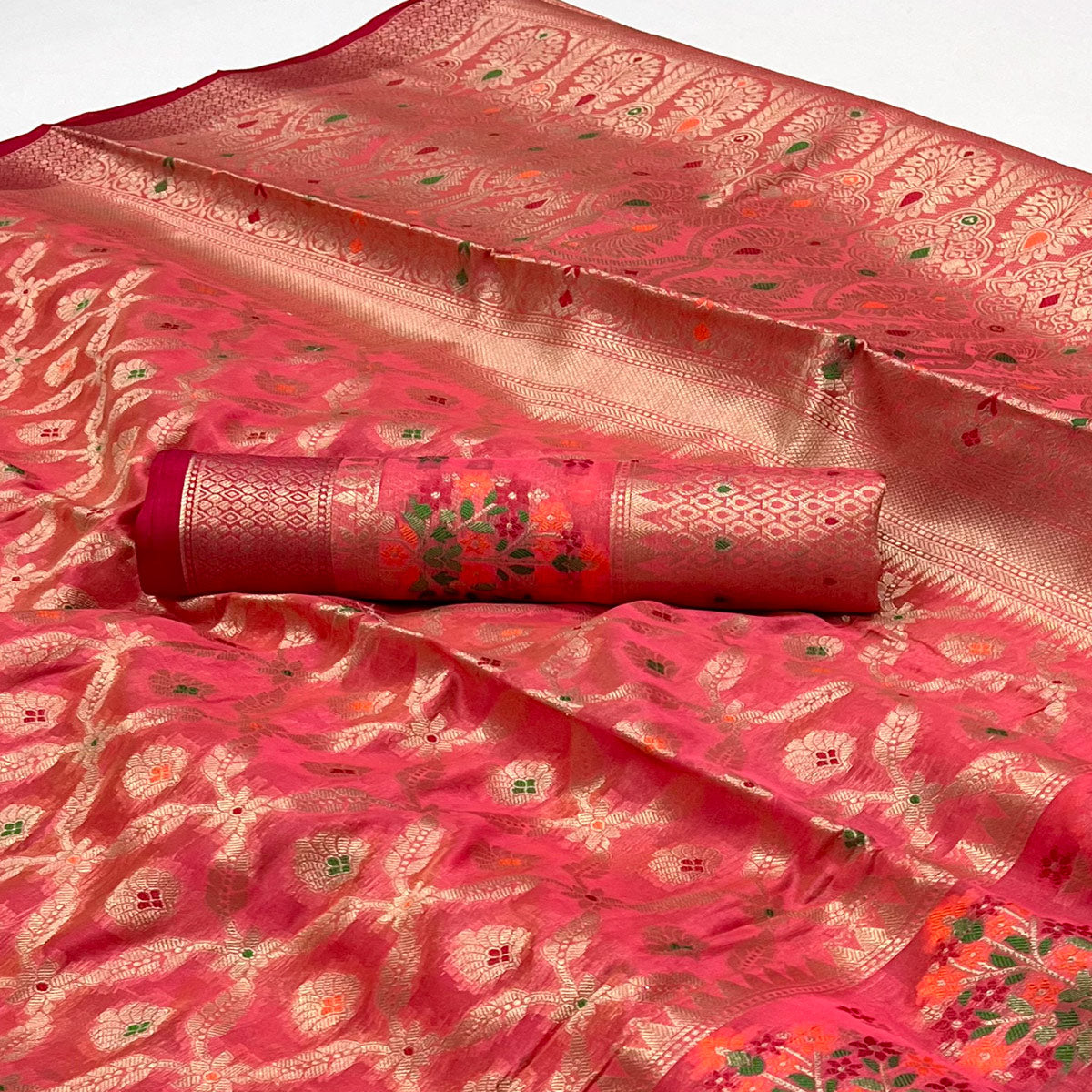 Pink Floral Woven Organza Saree