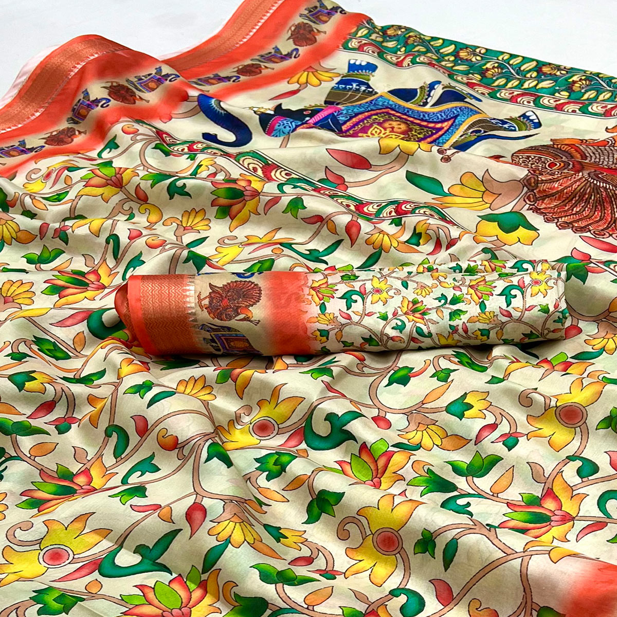 Off White Digital Printed Dola Silk Saree