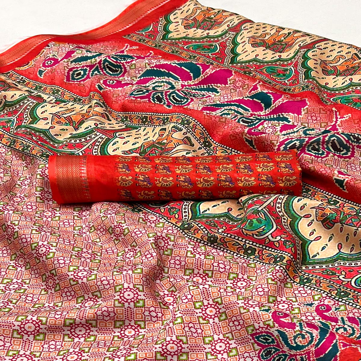 Red Digital Printed Dola Silk Saree